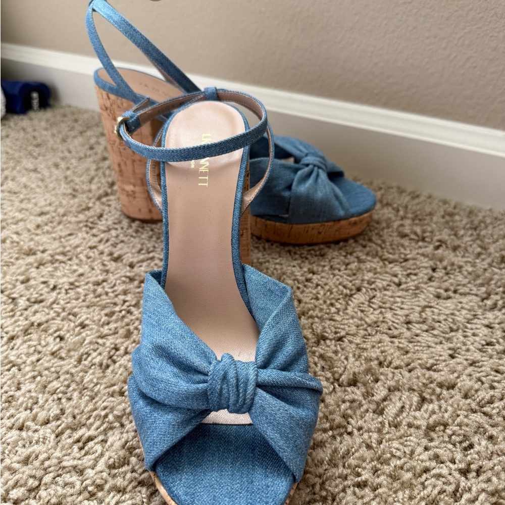 LK Bennett Blue Denim Knot Cork Platform Sandals